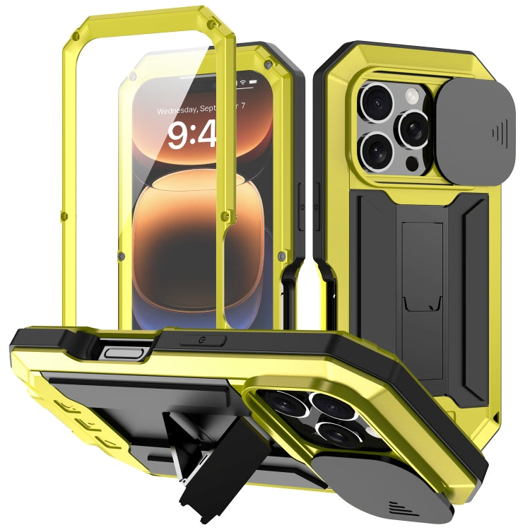 For iPhone 16 Pro R-JUST Sliding Camera IP54 Life Water-resistant Holder Phone Case(Yellow)