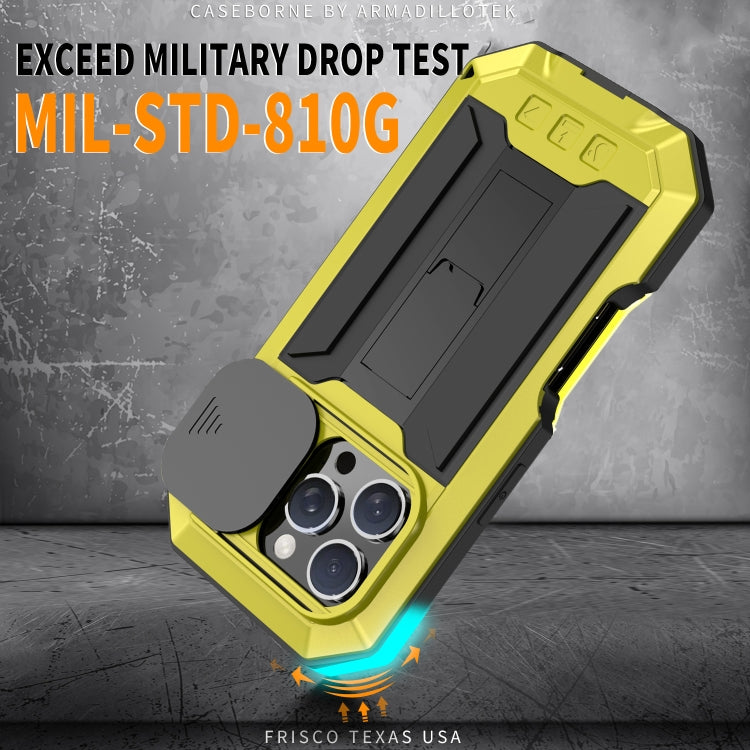 For iPhone 16 Pro R-JUST Sliding Camera IP54 Life Water-resistant Holder Phone Case(Yellow)