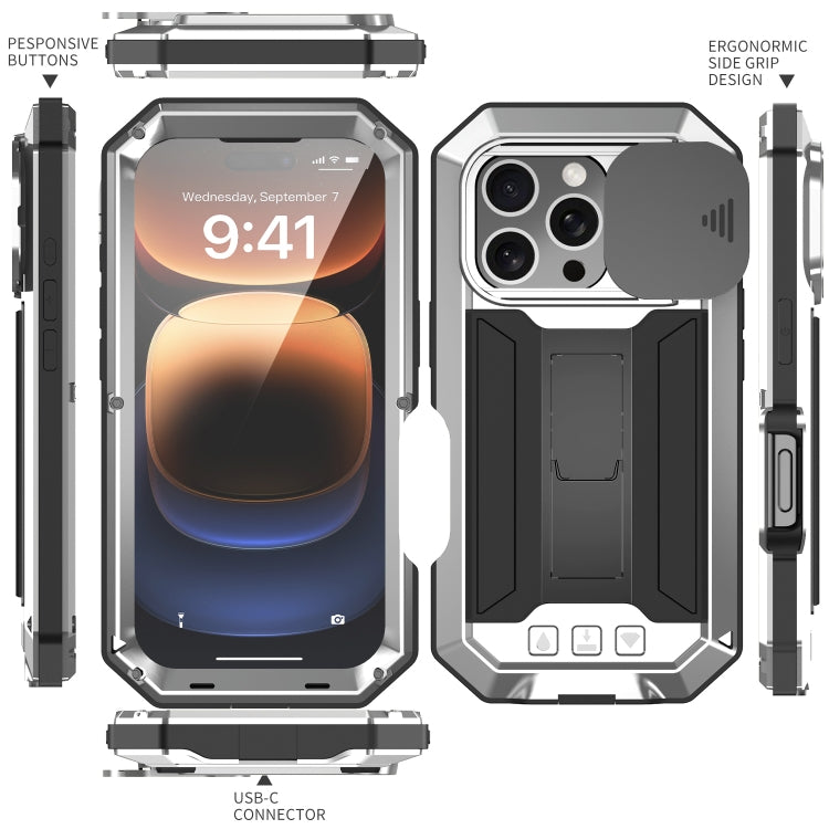 For iPhone 16 Pro R-JUST Sliding Camera IP54 Life Water-resistant Holder Phone Case(Silver)