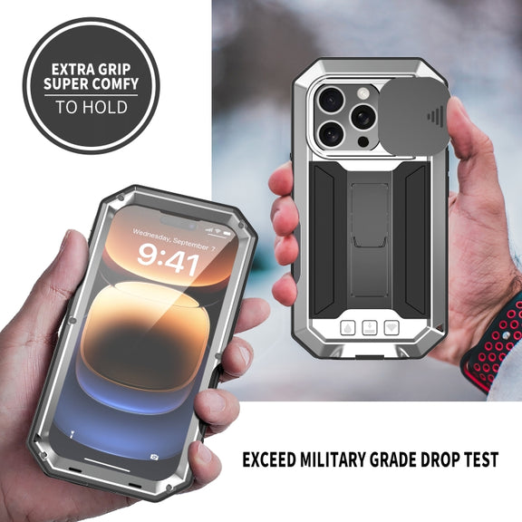 For iPhone 16 Pro R-JUST Sliding Camera IP54 Life Water-resistant Holder Phone Case(Silver)