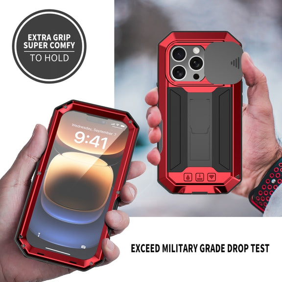 For iPhone 16 Pro Max R-JUST Sliding Camera IP54 Life Water-resistant Holder Phone Case(Red)