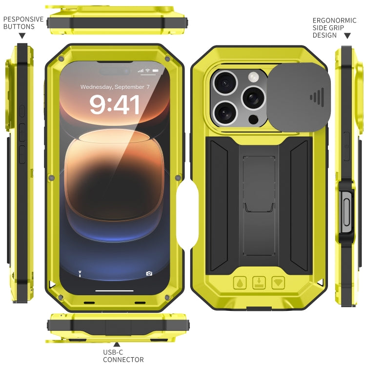 For iPhone 16 Pro Max R-JUST Sliding Camera IP54 Life Water-resistant Holder Phone Case(Yellow)