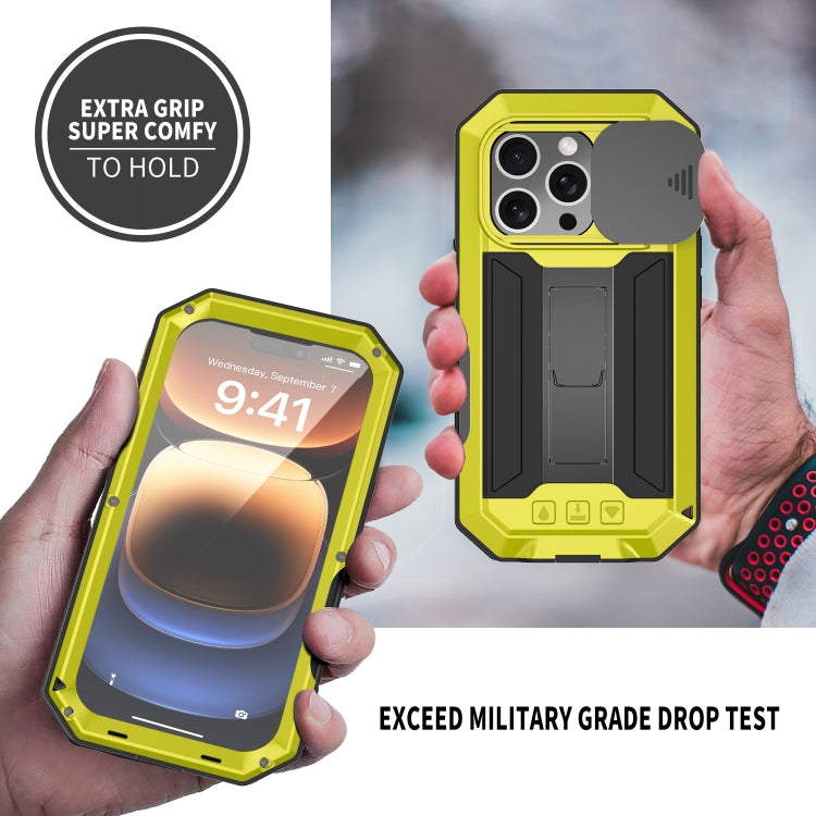 For iPhone 16 Pro Max R-JUST Sliding Camera IP54 Life Water-resistant Holder Phone Case(Yellow)