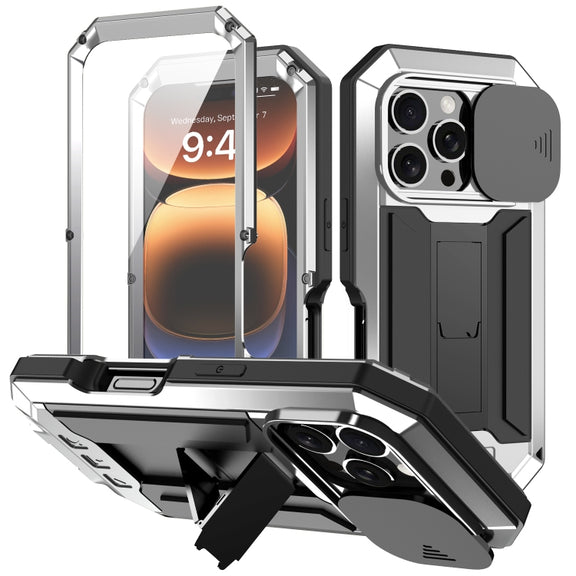 For iPhone 16 Pro Max R-JUST Sliding Camera IP54 Life Water-resistant Holder Phone Case(Silver)
