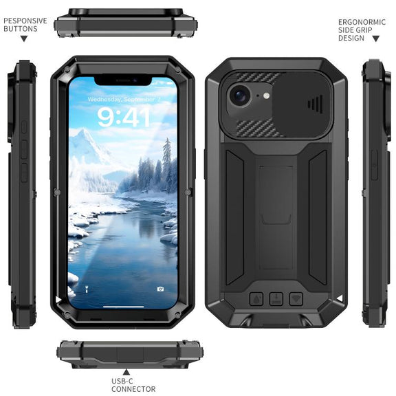 For iPhone 16e R-JUST Sliding Camera IP54 Life Water-resistant Holder Phone Case(Black)