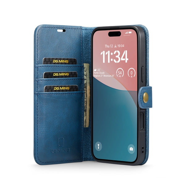For iPhone 16 DG.MING Crazy Horse Texture Detachable Magnetic Leather Phone Case(Blue)