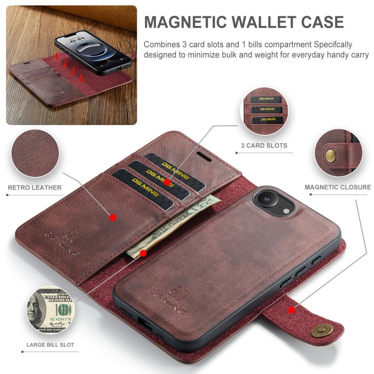 For iPhone 16e DG.MING Crazy Horse Texture Detachable Magnetic Leather Phone Case(Red)