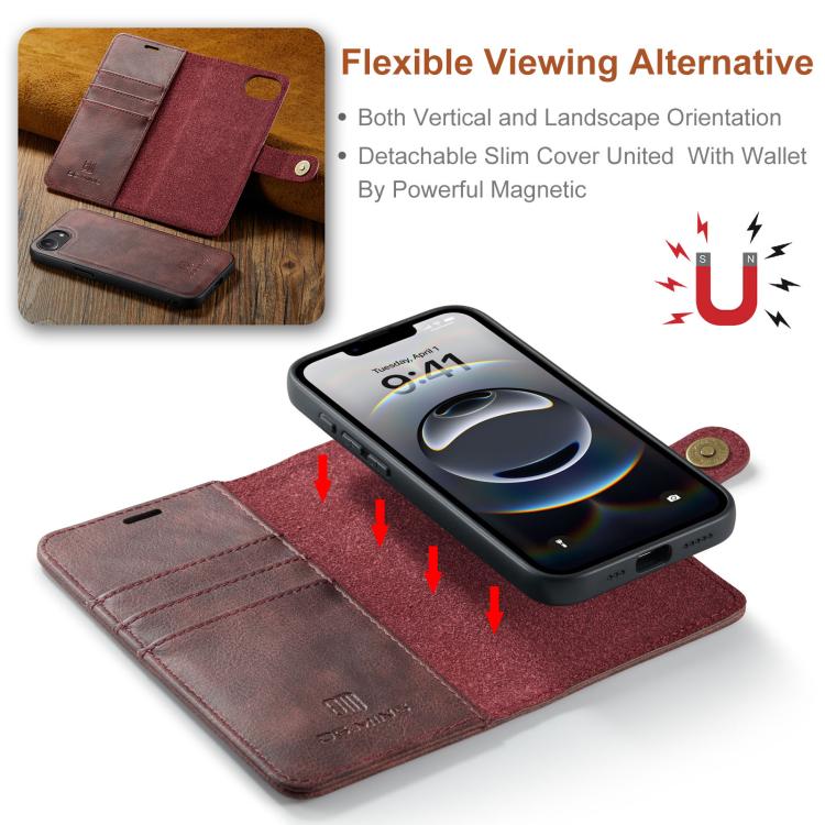 For iPhone 16e DG.MING Crazy Horse Texture Detachable Magnetic Leather Phone Case(Red)