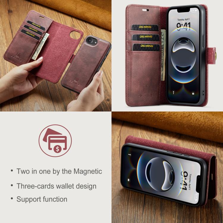 For iPhone 16e DG.MING Crazy Horse Texture Detachable Magnetic Leather Phone Case(Red)