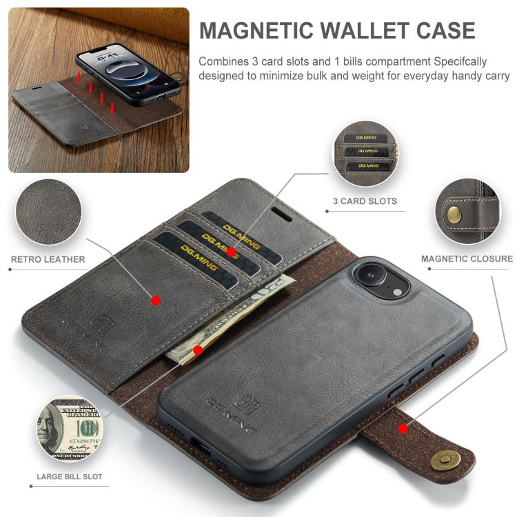 For iPhone 16e DG.MING Crazy Horse Texture Detachable Magnetic Leather Phone Case(Grey)