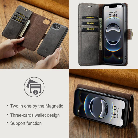 For iPhone 16e DG.MING Crazy Horse Texture Detachable Magnetic Leather Phone Case(Grey)