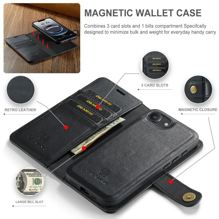 For iPhone 16e DG.MING Crazy Horse Texture Detachable Magnetic Leather Phone Case(Black)