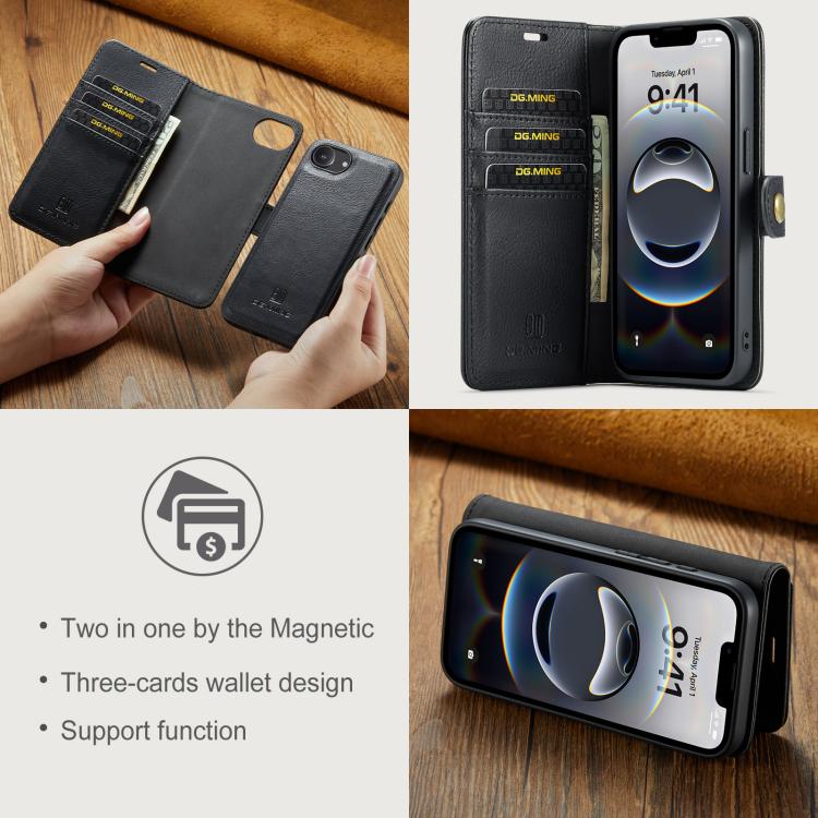 For iPhone 16e DG.MING Crazy Horse Texture Detachable Magnetic Leather Phone Case(Black)