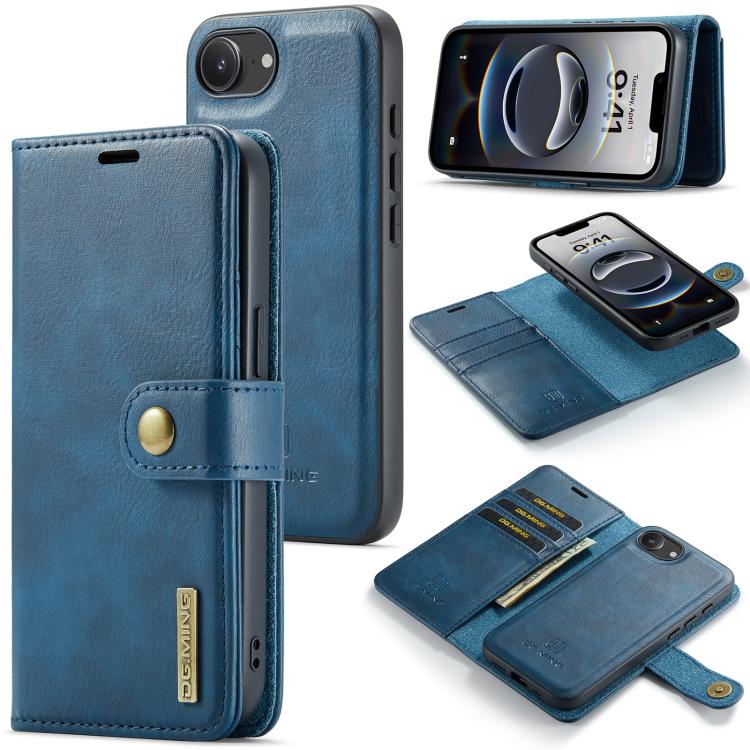For iPhone 16e DG.MING Crazy Horse Texture Detachable Magnetic Leather Phone Case(Blue)