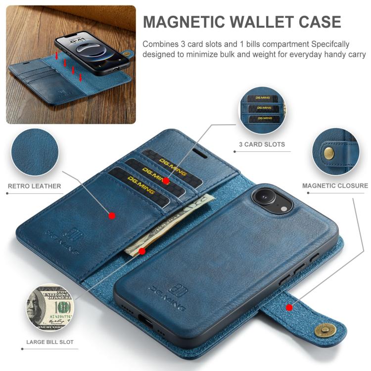 For iPhone 16e DG.MING Crazy Horse Texture Detachable Magnetic Leather Phone Case(Blue)
