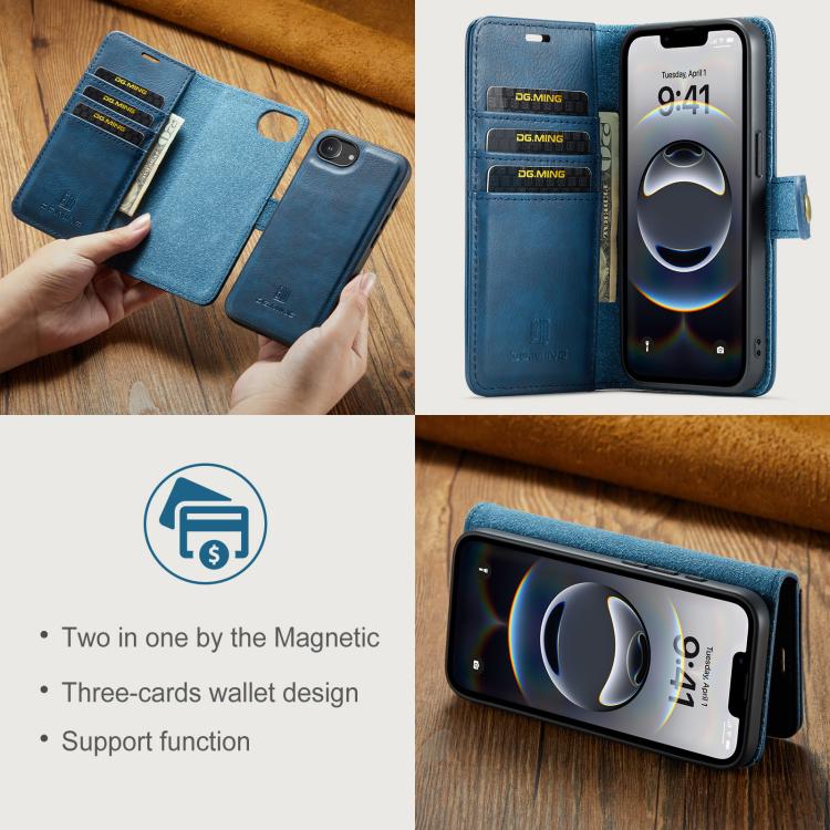 For iPhone 16e DG.MING Crazy Horse Texture Detachable Magnetic Leather Phone Case(Blue)
