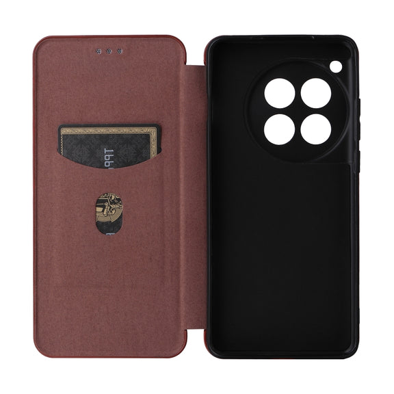 For OnePlus 12 Carbon Fiber Texture Flip Leather Phone Case(Brown)