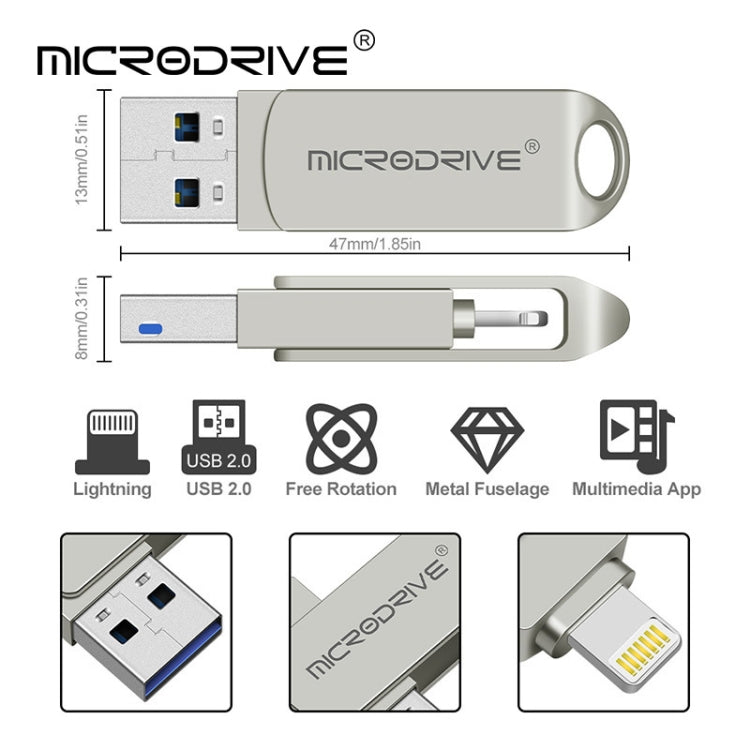 MicroDrive 2 In 1  8 Pin + USB 2.0 Portable Metal USB Flash Disk, Capacity:16GB(Silver)