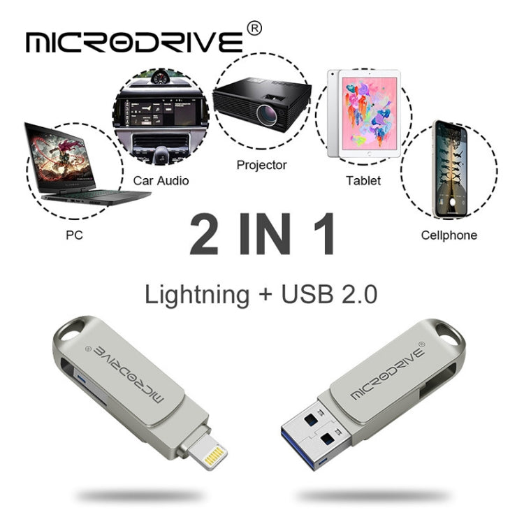 MicroDrive 2 In 1  8 Pin + USB 2.0 Portable Metal USB Flash Disk, Capacity:16GB(Silver)