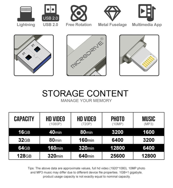 MicroDrive 2 In 1  8 Pin + USB 2.0 Portable Metal USB Flash Disk, Capacity:16GB(Silver)