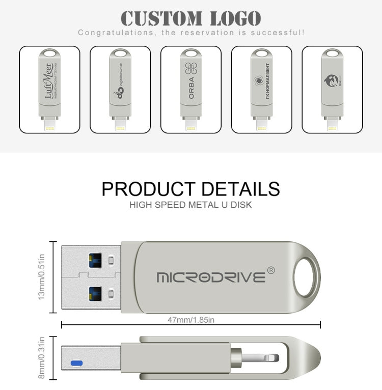 MicroDrive 2 In 1  8 Pin + USB 2.0 Portable Metal USB Flash Disk, Capacity:64GB(Silver)