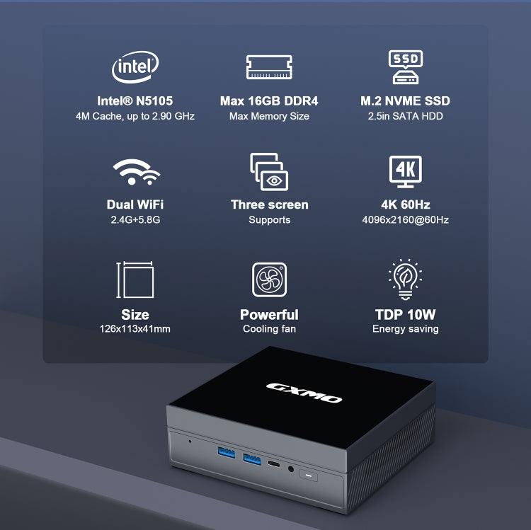 GXMO GX55 Windows 11 Intel N5105 Mini PC NVME SSD WiFi Mini Desktop Computer, Specification:16GB+512GB(Black)
