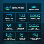 GXMO N42 Windows 11 Intel Gemini Lake N4000 Mini PC NVME SSD WiFi Mini Desktop Computer, Specification:6GB+64GB(Black)