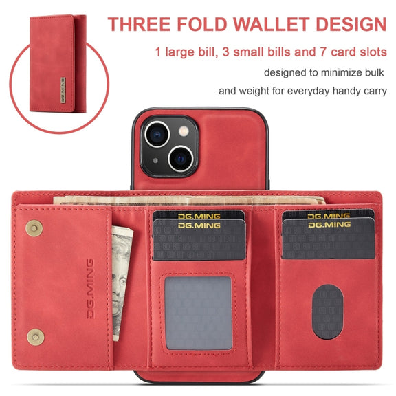 For iPhone 15 DG.MING M1 Series 3-Fold Multi Card Wallet Leather Phone Case(Red)