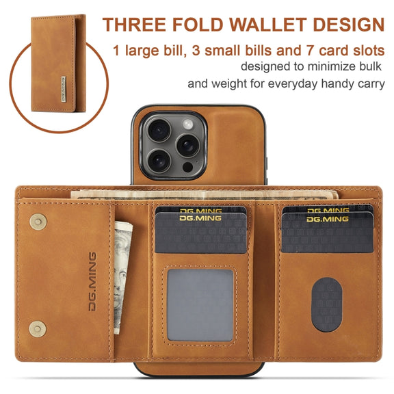 For iPhone 16 Pro Max DG.MING M1 Series 3-Fold Multi Card Wallet Leather Phone Case(Brown)