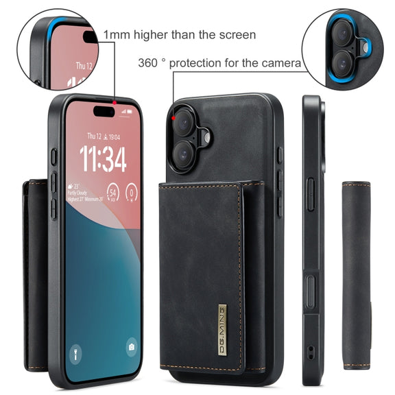 For iPhone 16 Plus DG.MING M1 Series 3-Fold Multi Card Wallet Leather Phone Case(Black)