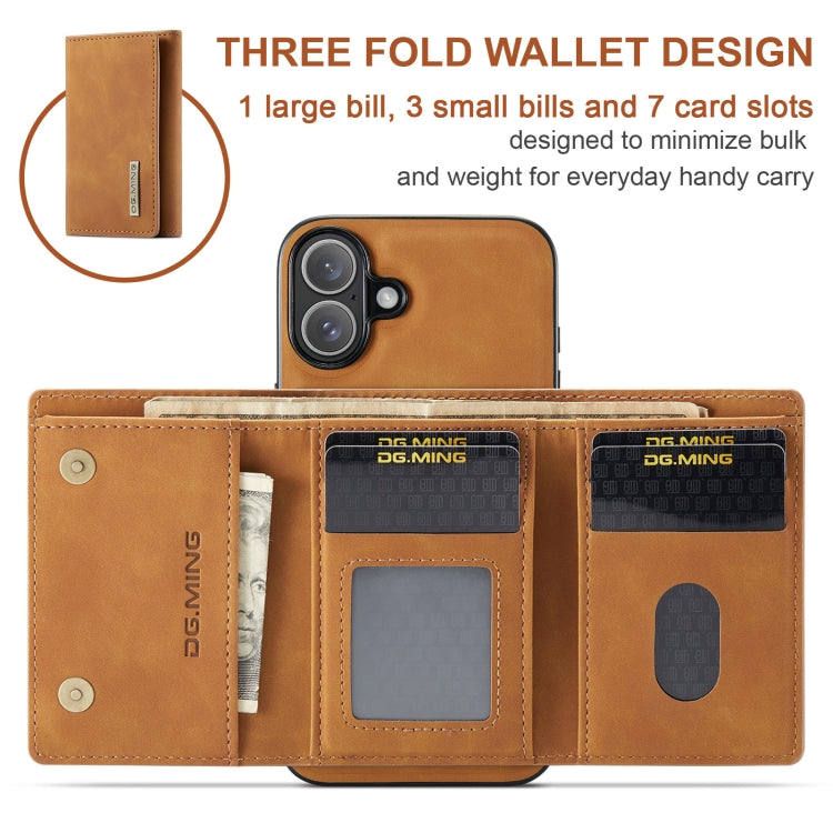 For iPhone 16 Plus DG.MING M1 Series 3-Fold Multi Card Wallet Leather Phone Case(Brown)
