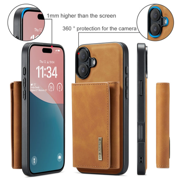 For iPhone 16 Plus DG.MING M1 Series 3-Fold Multi Card Wallet Leather Phone Case(Brown)