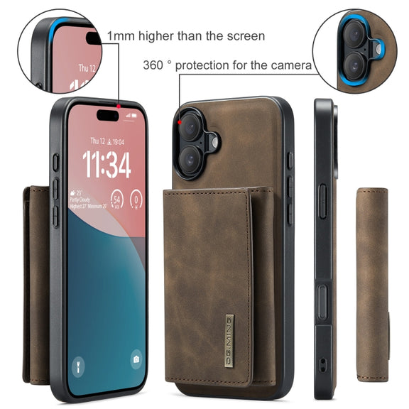 For iPhone 16 Plus DG.MING M1 Series 3-Fold Multi Card Wallet Leather Phone Case(Coffee)