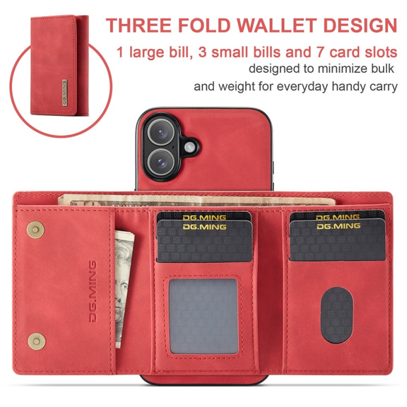 For iPhone 16 Plus DG.MING M1 Series 3-Fold Multi Card Wallet Leather Phone Case(Red)