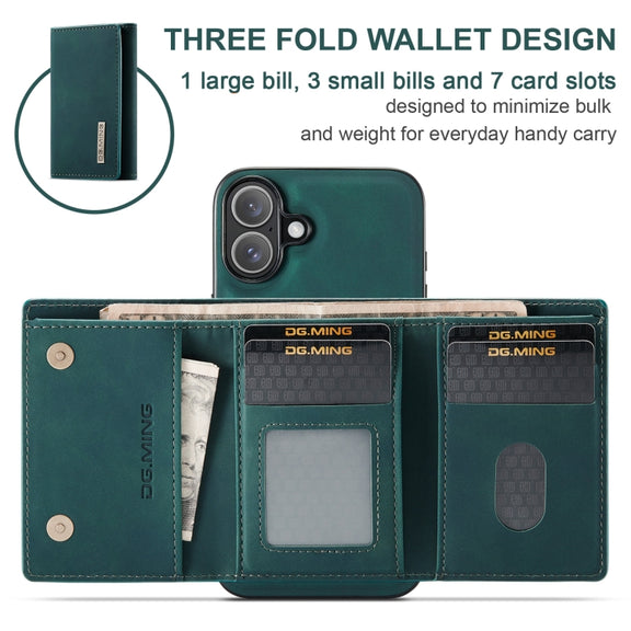 For iPhone 16 Plus DG.MING M1 Series 3-Fold Multi Card Wallet Leather Phone Case(Green)