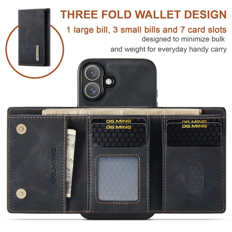For iPhone 16 DG.MING M1 Series 3-Fold Multi Card Wallet Leather Phone Case(Black)