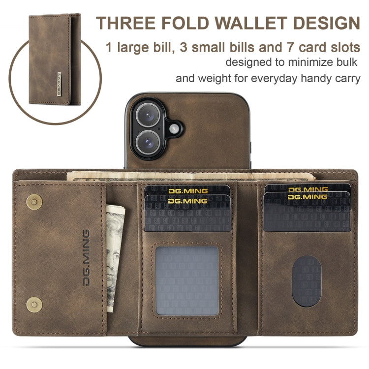 For iPhone 16 DG.MING M1 Series 3-Fold Multi Card Wallet Leather Phone Case(Coffee)