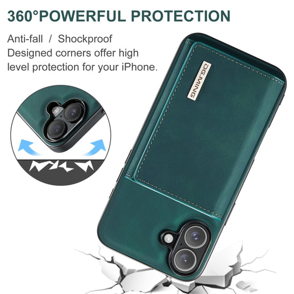 For iPhone 16 DG.MING M1 Series 3-Fold Multi Card Wallet Leather Phone Case(Green)