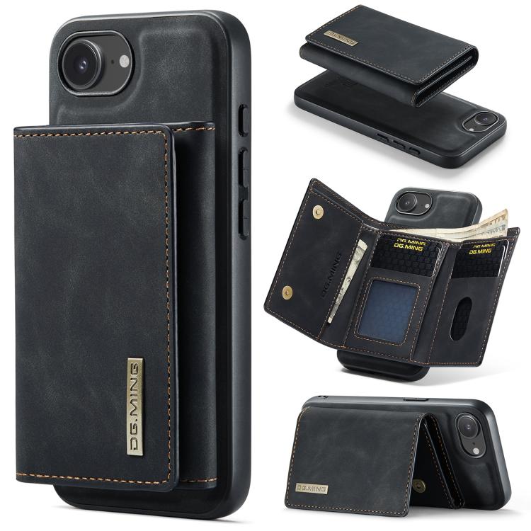 For iPhone 16e DG.MING M1 Series 3-Fold Multi Card Wallet Leather Phone Case(Black)