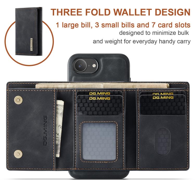 For iPhone 16e DG.MING M1 Series 3-Fold Multi Card Wallet Leather Phone Case(Black)