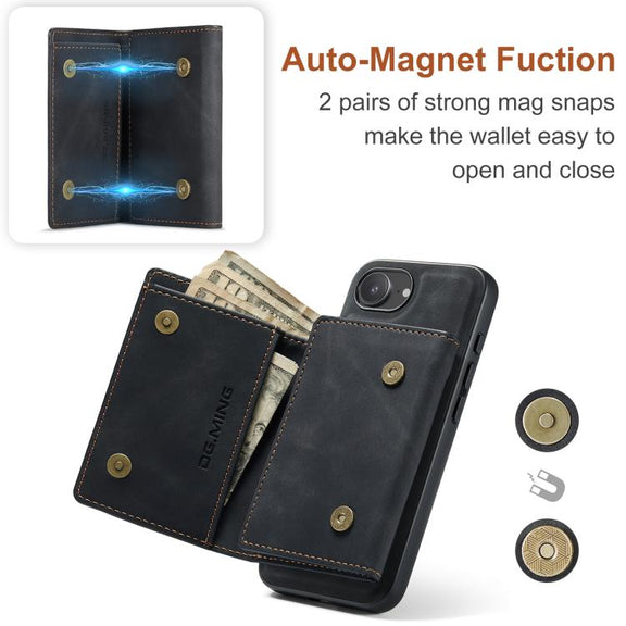 For iPhone 16e DG.MING M1 Series 3-Fold Multi Card Wallet Leather Phone Case(Black)