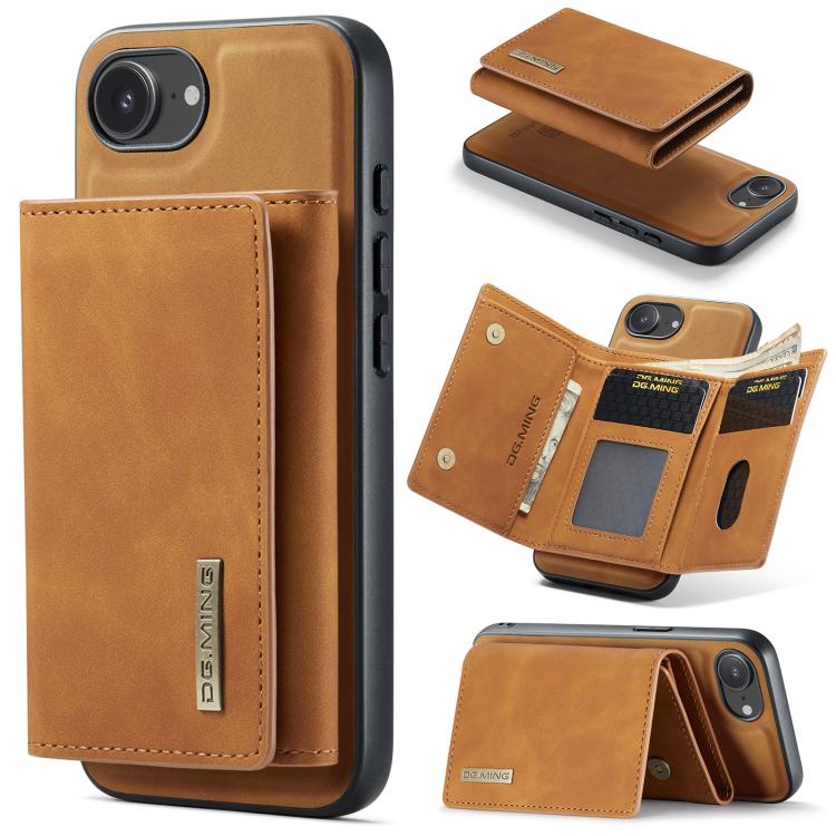 For iPhone 16e DG.MING M1 Series 3-Fold Multi Card Wallet Leather Phone Case(Brown)