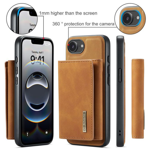 For iPhone 16e DG.MING M1 Series 3-Fold Multi Card Wallet Leather Phone Case(Brown)