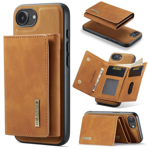 For iPhone 16e DG.MING M1 Series 3-Fold Multi Card Wallet Leather Phone Case(Brown)