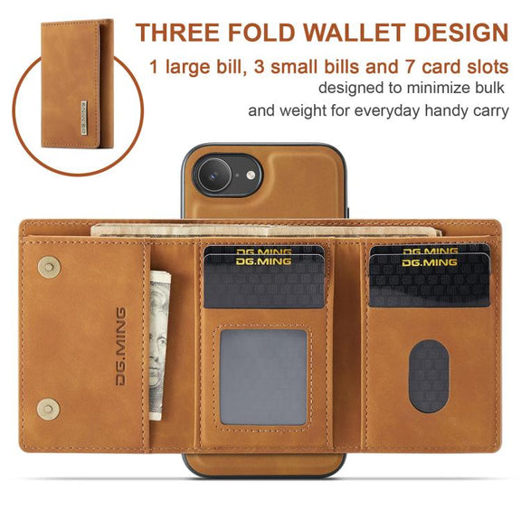 For iPhone 16e DG.MING M1 Series 3-Fold Multi Card Wallet Leather Phone Case(Brown)