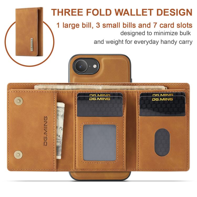 For iPhone 16e DG.MING M1 Series 3-Fold Multi Card Wallet Leather Phone Case(Brown)