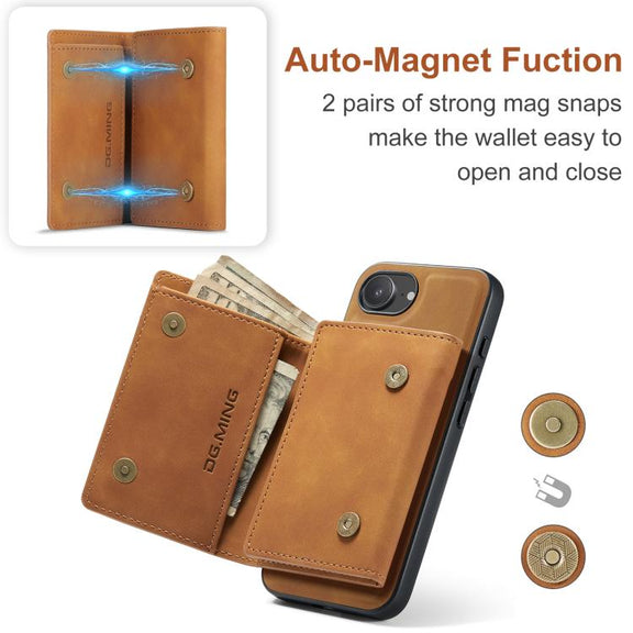For iPhone 16e DG.MING M1 Series 3-Fold Multi Card Wallet Leather Phone Case(Brown)