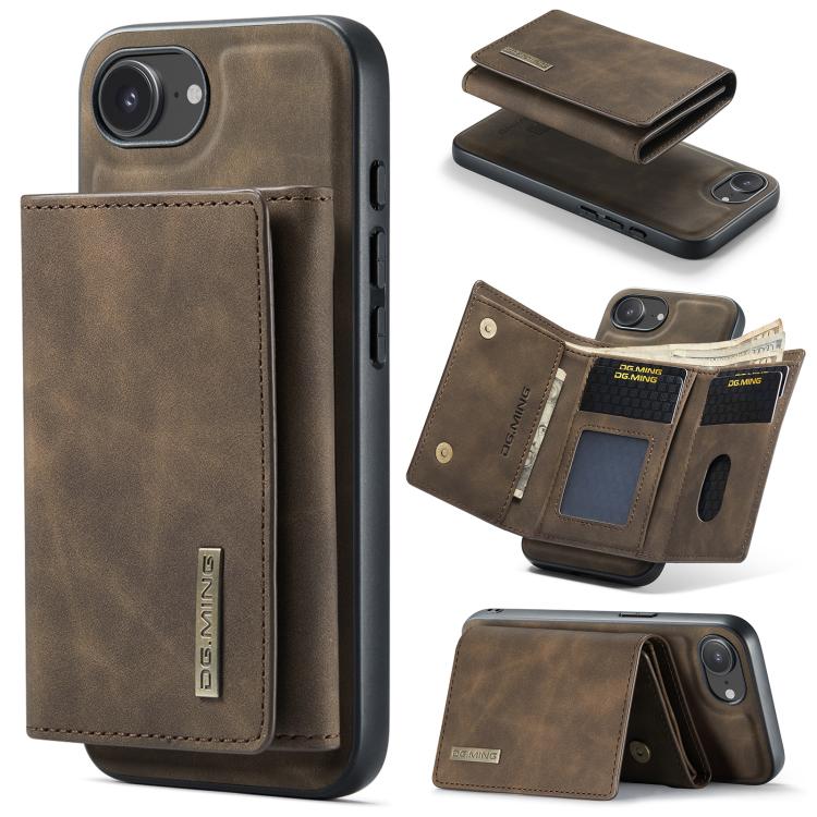 For iPhone 16e DG.MING M1 Series 3-Fold Multi Card Wallet Leather Phone Case(Coffee)