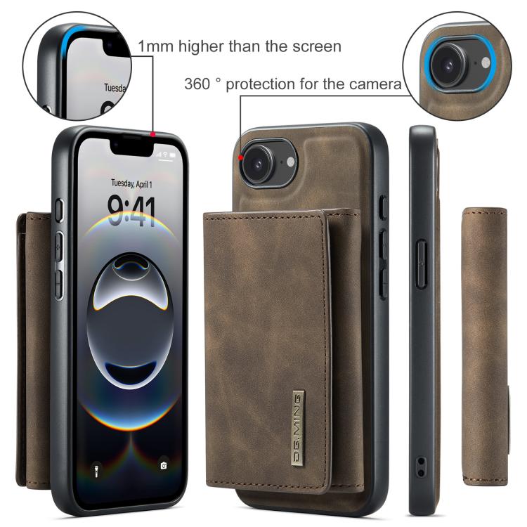 For iPhone 16e DG.MING M1 Series 3-Fold Multi Card Wallet Leather Phone Case(Coffee)