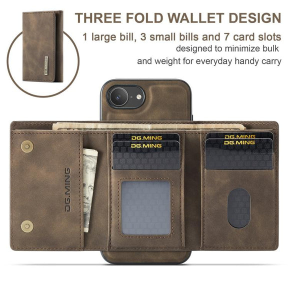 For iPhone 16e DG.MING M1 Series 3-Fold Multi Card Wallet Leather Phone Case(Coffee)